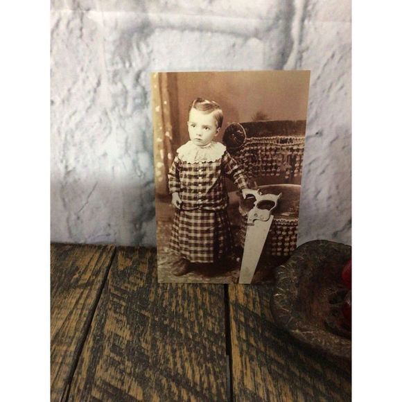 Vintage Photo Reprint Photo Boy With Hand Saw Odd Creepy - Picture 2 of 10
